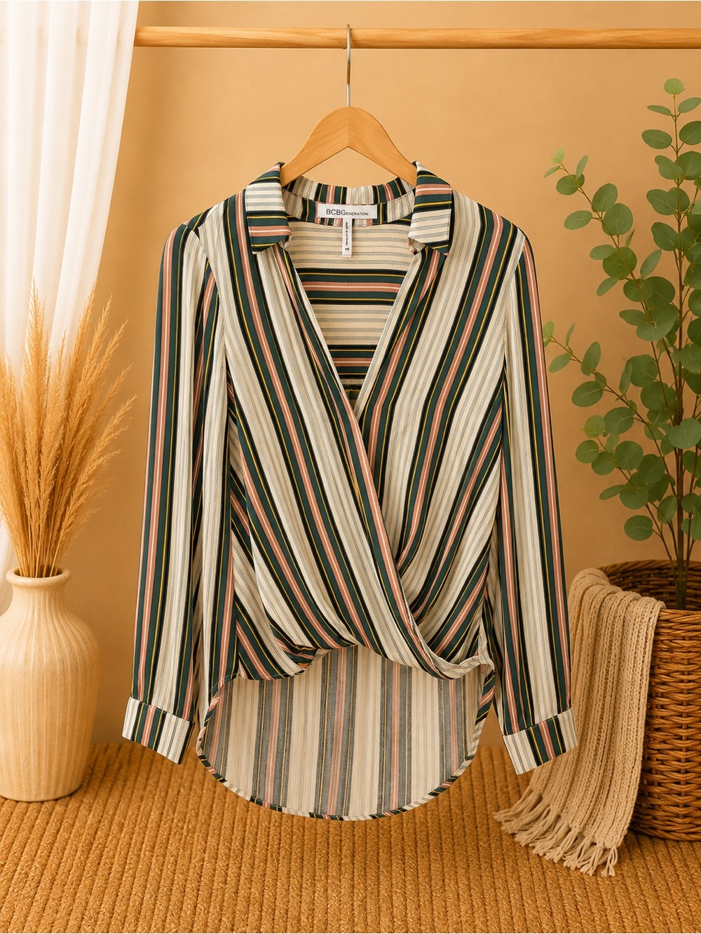 BCBG Generation Striped Wrap Front Button Collar Blouse - Green Multi